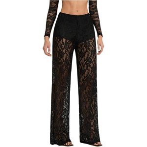 image:imageRoseSeek Womens Y2K Floral Lace See Through Pants Sheer Straight Leg Long Pants Club WearBlack