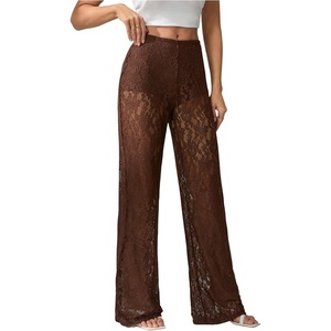 image:imageRoseSeek Womens Y2K Floral Lace See Through Pants Sheer Straight Leg Long Pants Club WearBrown