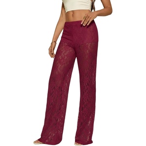 image:imageRoseSeek Womens Y2K Floral Lace See Through Pants Sheer Straight Leg Long Pants Club WearBurgundy