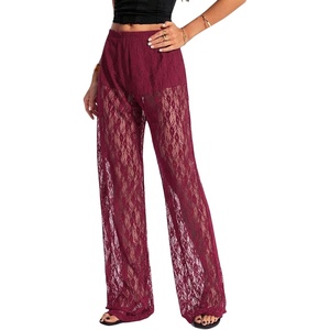 image:imageRoseSeek Womens Y2K Floral Lace See Through Pants Sheer Straight Leg Long Pants Club WearBurgundy Red