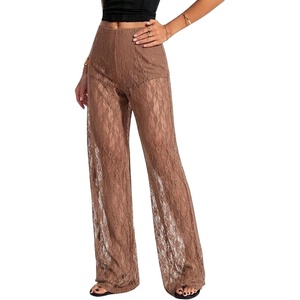 image:imageRoseSeek Womens Y2K Floral Lace See Through Pants Sheer Straight Leg Long Pants Club WearChocolate Brown