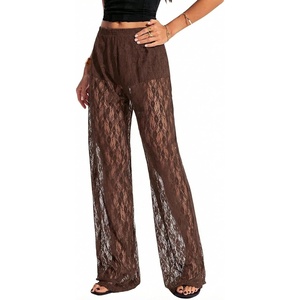 image:imageRoseSeek Womens Y2K Floral Lace See Through Pants Sheer Straight Leg Long Pants Club WearDeep Coffee Brown