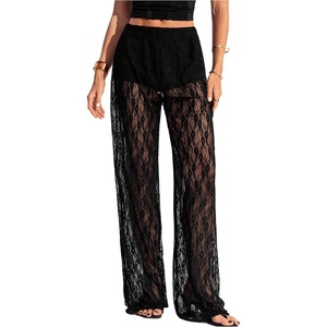 image:imageRoseSeek Womens Y2K Floral Lace See Through Pants Sheer Straight Leg Long Pants Club WearLace Black