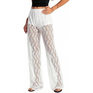 image:imageRoseSeek Womens Y2K Floral Lace See Through Pants Sheer Straight Leg Long Pants Club WearPure White