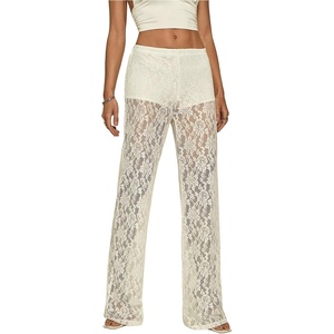 image:imageRoseSeek Womens Y2K Floral Lace See Through Pants Sheer Straight Leg Long Pants Club WearWhite