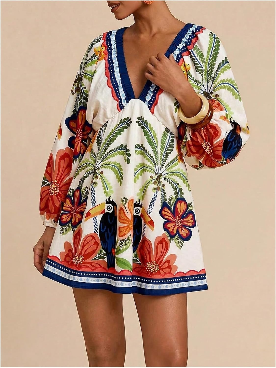 image:imageRoseSeek Womens Boho Floral V Neck Mini Dresses Bishop Sleeve Tie Open Back Tropical DressMulticolor Floral
