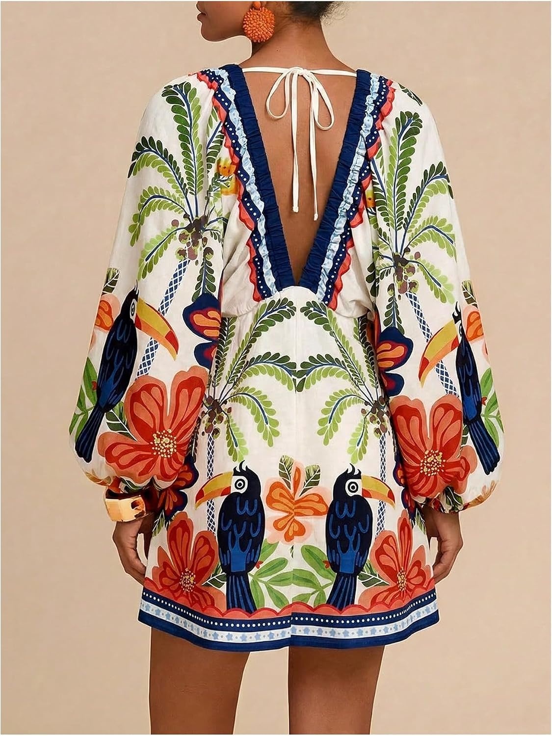 image:imageRoseSeek Womens Boho Floral V Neck Mini Dresses Bishop Sleeve Tie Open Back Tropical DressMulticolor Floral