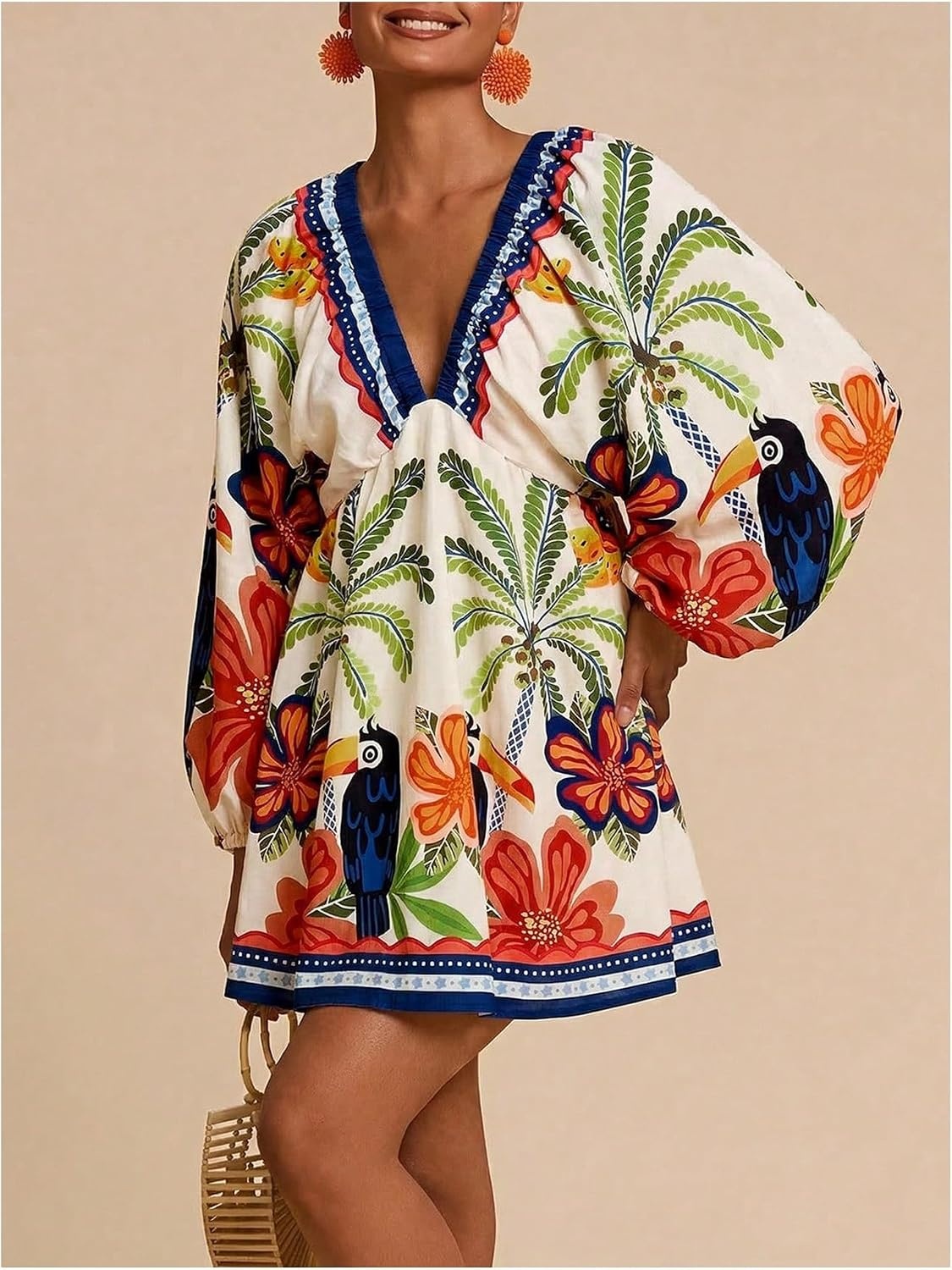 image:imageRoseSeek Womens Boho Floral V Neck Mini Dresses Bishop Sleeve Tie Open Back Tropical DressMulticolor Floral