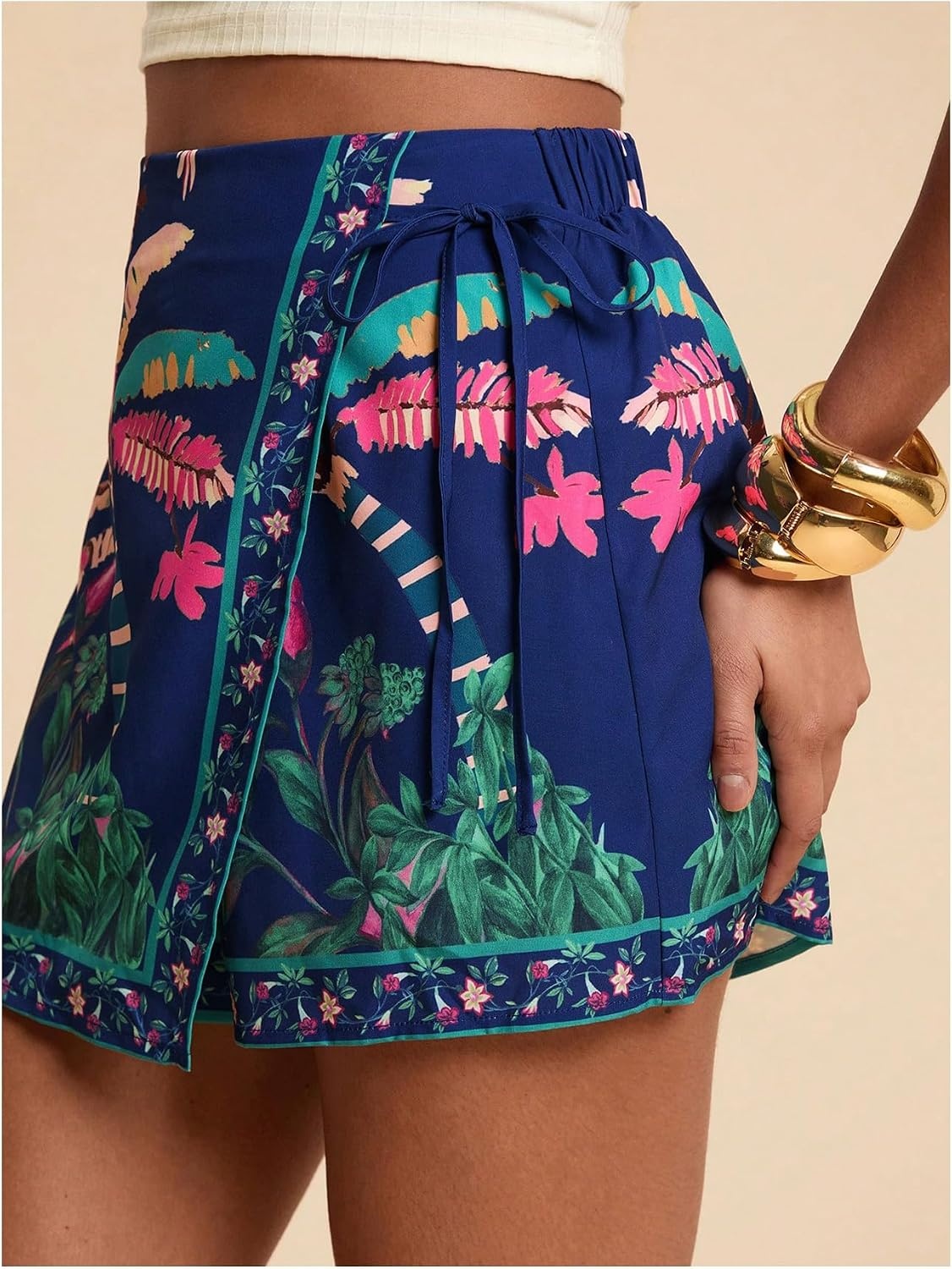 image:imageRoseSeek Womens Floral Graphic Skirt Shorts Drawstring Waist Tropical Boho Wrap SkortsMulticolor Floral