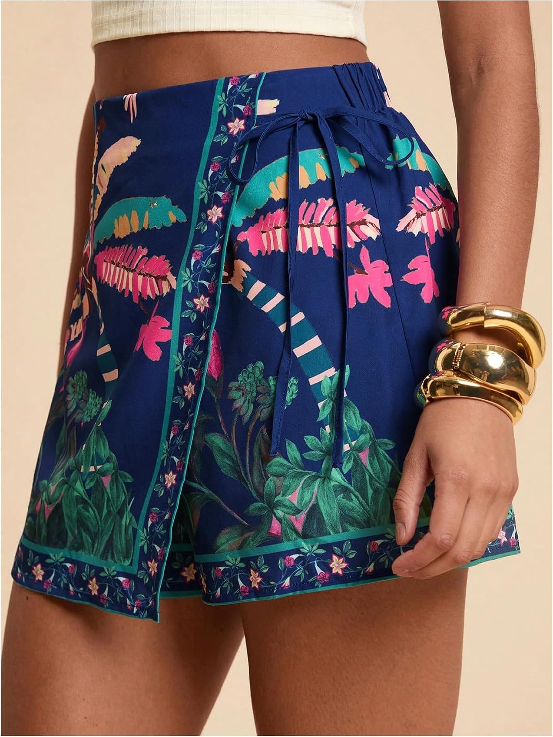 image:imageRoseSeek Womens Floral Graphic Skirt Shorts Drawstring Waist Tropical Boho Wrap SkortsMulticolor Floral