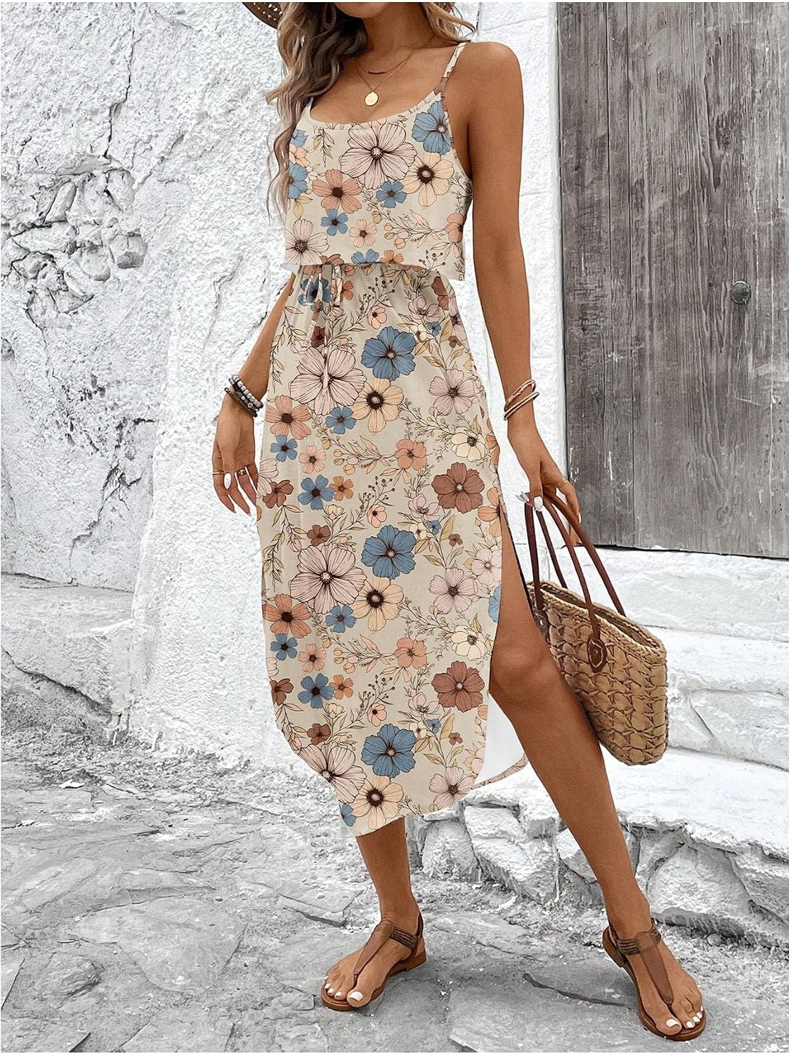 image:imageRoseSeek Womens Spaghetti Strap Tie Dye Cami Sun Dress Beach Midi Summer Dresses Resort Wear Vacation OutfitsFloral Multicolor
