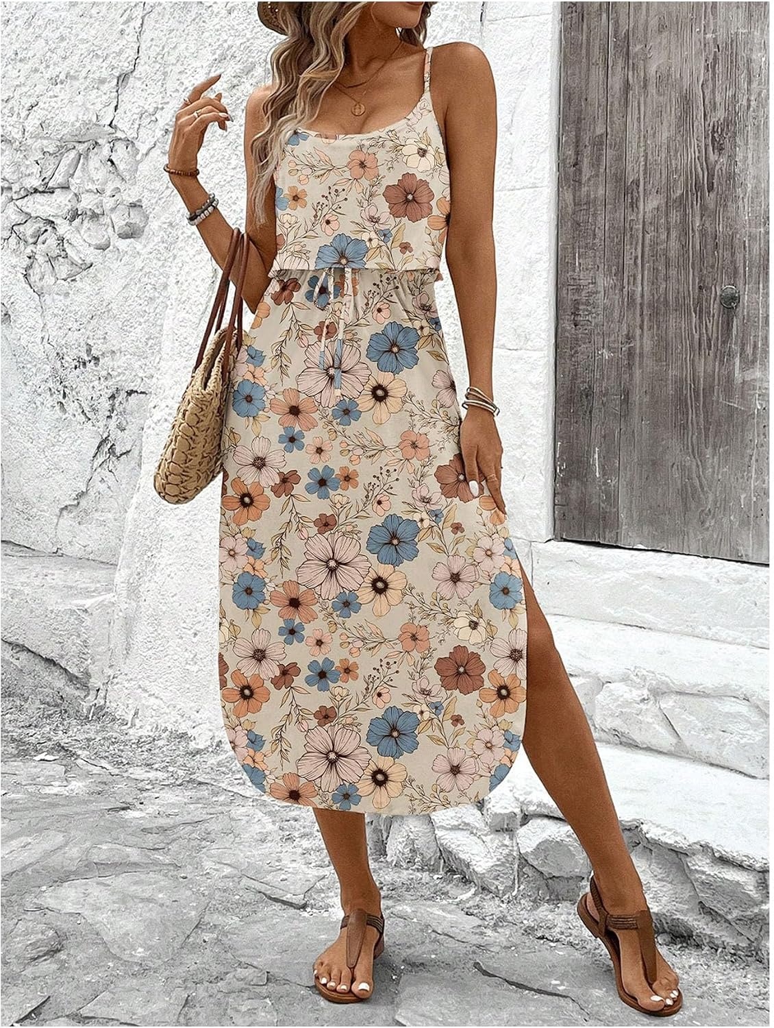image:imageRoseSeek Womens Spaghetti Strap Tie Dye Cami Sun Dress Beach Midi Summer Dresses Resort Wear Vacation OutfitsFloral Multicolor