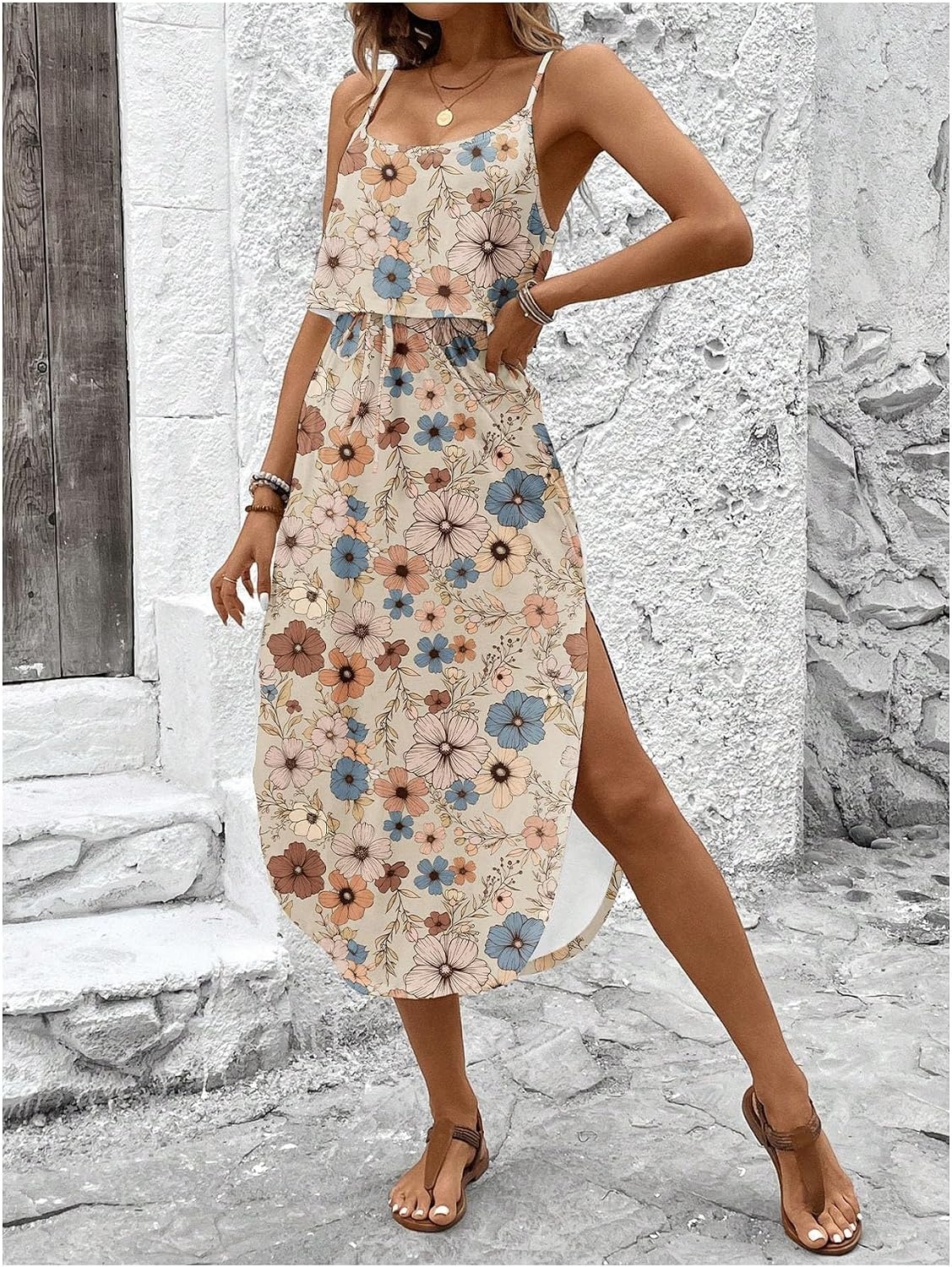 image:imageRoseSeek Womens Spaghetti Strap Tie Dye Cami Sun Dress Beach Midi Summer Dresses Resort Wear Vacation OutfitsFloral Multicolor