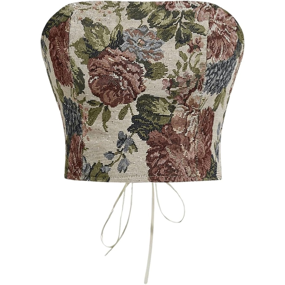 image:imageRoseSeek Womens Floral Embroidery Strapless Tube Top Lace Up Y2K Corset Crop TopsMulticolor
