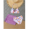 image:imageRoseSeek Girls 3 Piece Cute Bowknot Bathing Suit Halter Triangle High Waisted Swimsuit with Beach Cover Up SkirtMulticolor Purple