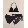 image:imageRoseSeek Girls 3 Piece Swimsuits Floral High Waisted Bikini Bathing Suit with Mesh Coverups SkirtBlack and Pink