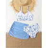 image:imageRoseSeek Girls Swimsuits 3 Piece Floral Spaghetti Strap Wireless Swimwear with Ruched Beach Skirts Bathing SuitsBlue and White