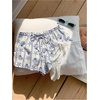 image:imageRoseSeek Womens 2 Packs Striped Linen Mini Shorts Drawstring Waist Button Front Lounge ShortsBlue Pattern
