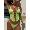 image:imageRoseSeek Womens 2 Piece Boho Polka Dots Beaded Bikini Sets Halter Swimsuits Textured Tie Side Bathing SuitGreen
