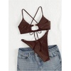 image:imageRoseSeek Womens 2 Piece Elegant Bikini Sets Lace Up Cut Out Bras and Thongs Beachwear SetCoffee Brown