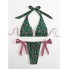 image:imageRoseSeek Womens 2 Piece Floral Plaid Swimsuit Halter Triangle Bathing Suit Bowknot Tie Side Bikini SetsGreen
