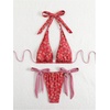 image:imageRoseSeek Womens 2 Piece Floral Plaid Swimsuit Halter Triangle Bathing Suit Bowknot Tie Side Bikini SetsRed