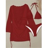 image:imageRoseSeek Womens 3 Piece Bikini Sets Halter Neck Bras and Panties with V Neck Long Sleeve Cover UpsRed