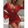 image:imageRoseSeek Womens 3 Piece Bikini Sets Halter Neck Bras and Panties with V Neck Long Sleeve Cover UpsRed