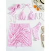 image:imageRoseSeek Womens 4 Piece Swimsuits Floral Cheetah Bikini Sets Bathing Suit with Mesh Cover Up Skirt amp BandanaPink