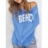 image:imageRoseSeek Womens Beach Cover Ups Letter Long Sleeve V Neck Beach Sweater Split Hem Knit Crochet Tops Pullovers Jumper TopBlue