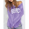 image:imageRoseSeek Womens Beach Cover Ups Letter Long Sleeve V Neck Beach Sweater Split Hem Knit Crochet Tops Pullovers Jumper TopPurple and White