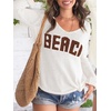 image:imageRoseSeek Womens Beach Cover Ups Letter Long Sleeve V Neck Beach Sweater Split Hem Knit Crochet Tops Pullovers Jumper TopWhite and Brown