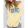 image:imageRoseSeek Womens Beach Cover Ups Letter Long Sleeve V Neck Beach Sweater Split Hem Knit Crochet Tops Pullovers Jumper TopYellow and Blue