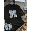 image:imageRoseSeek Womens Beaded Sequin Bowknot T Shirt Short Sleeve Crew Neck Embroidery Trendy Tee Y2k TopsBow Black