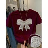image:imageRoseSeek Womens Beaded Sequin Bowknot T Shirt Short Sleeve Crew Neck Embroidery Trendy Tee Y2k TopsBurgundy