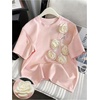 image:imageRoseSeek Womens Beaded Sequin Bowknot T Shirt Short Sleeve Crew Neck Embroidery Trendy Tee Y2k TopsLight Pink and White