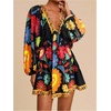 image:imageRoseSeek Womens Boho Floral V Neck Mini Dresses Bishop Sleeve Tie Open Back Tropical DressBlack