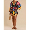 image:imageRoseSeek Womens Boho Floral V Neck Mini Dresses Bishop Sleeve Tie Open Back Tropical DressBlack