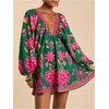 image:imageRoseSeek Womens Boho Floral V Neck Mini Dresses Bishop Sleeve Tie Open Back Tropical DressGreen Pink