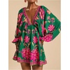 image:imageRoseSeek Womens Boho Floral V Neck Mini Dresses Bishop Sleeve Tie Open Back Tropical DressGreen Pink