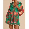 image:imageRoseSeek Womens Boho Floral V Neck Mini Dresses Bishop Sleeve Tie Open Back Tropical DressGreen and Red