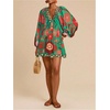 image:imageRoseSeek Womens Boho Floral V Neck Mini Dresses Bishop Sleeve Tie Open Back Tropical DressGreen and Red
