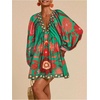 image:imageRoseSeek Womens Boho Floral V Neck Mini Dresses Bishop Sleeve Tie Open Back Tropical DressGreen and Red