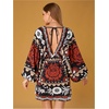 image:imageRoseSeek Womens Boho Floral V Neck Mini Dresses Bishop Sleeve Tie Open Back Tropical DressMix Black