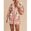 image:imageRoseSeek Womens Boho Floral V Neck Mini Dresses Bishop Sleeve Tie Open Back Tropical DressMix Floral