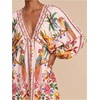 image:imageRoseSeek Womens Boho Floral V Neck Mini Dresses Bishop Sleeve Tie Open Back Tropical DressMix Floral