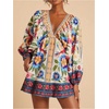 image:imageRoseSeek Womens Boho Floral V Neck Mini Dresses Bishop Sleeve Tie Open Back Tropical DressMulticolor