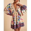 image:imageRoseSeek Womens Boho Floral V Neck Mini Dresses Bishop Sleeve Tie Open Back Tropical DressMulticolor