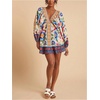 image:imageRoseSeek Womens Boho Floral V Neck Mini Dresses Bishop Sleeve Tie Open Back Tropical DressMulticolor