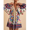 image:imageRoseSeek Womens Boho Floral V Neck Mini Dresses Bishop Sleeve Tie Open Back Tropical DressMulticolor